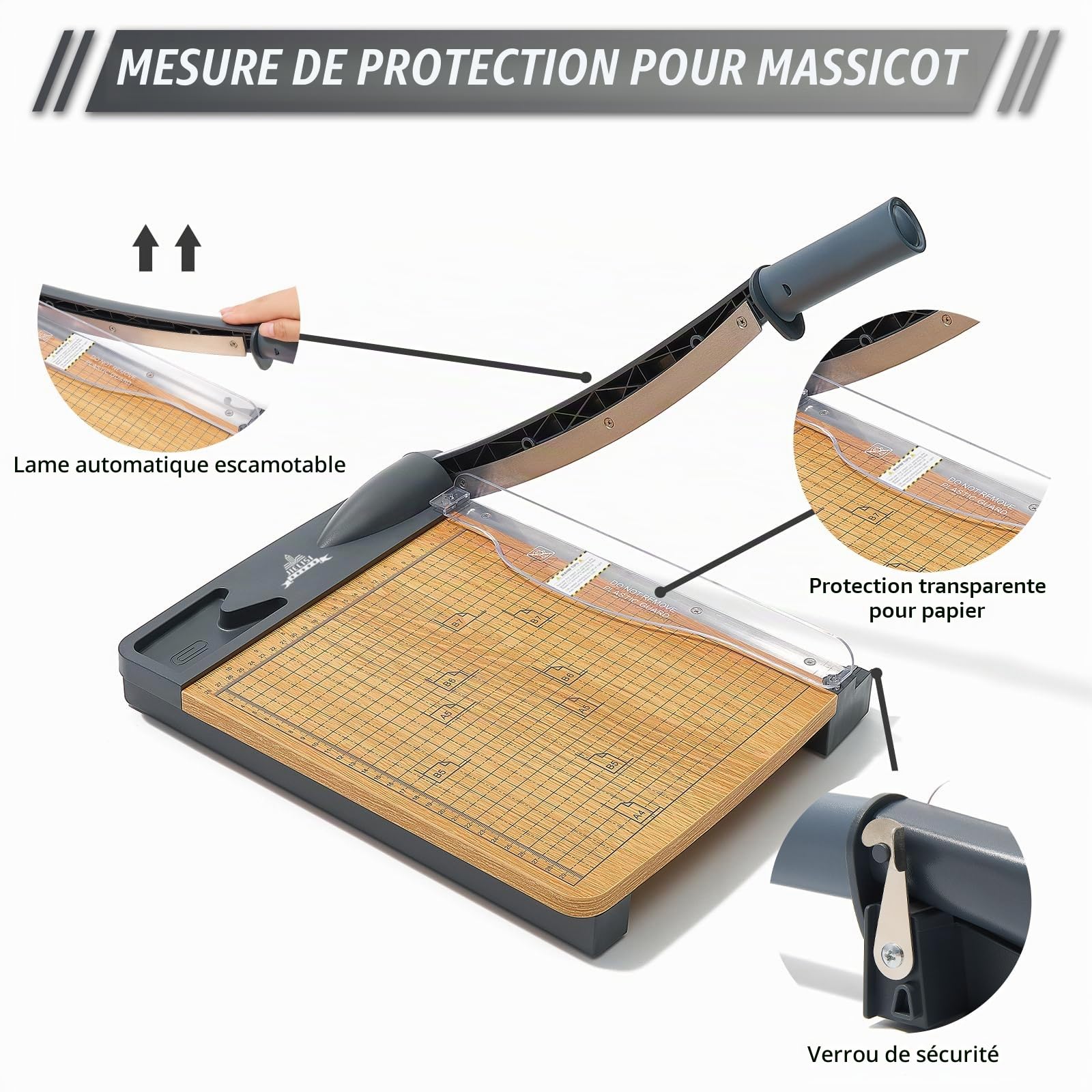 Massicot à guillotine en bois - Performance de coupe jusqu'à 16 feuilles - Longueur de coupe de 30,5 cm - Robuste - Avec protection de sécurité et verrouillage de la lame - Format A4 - Manuel