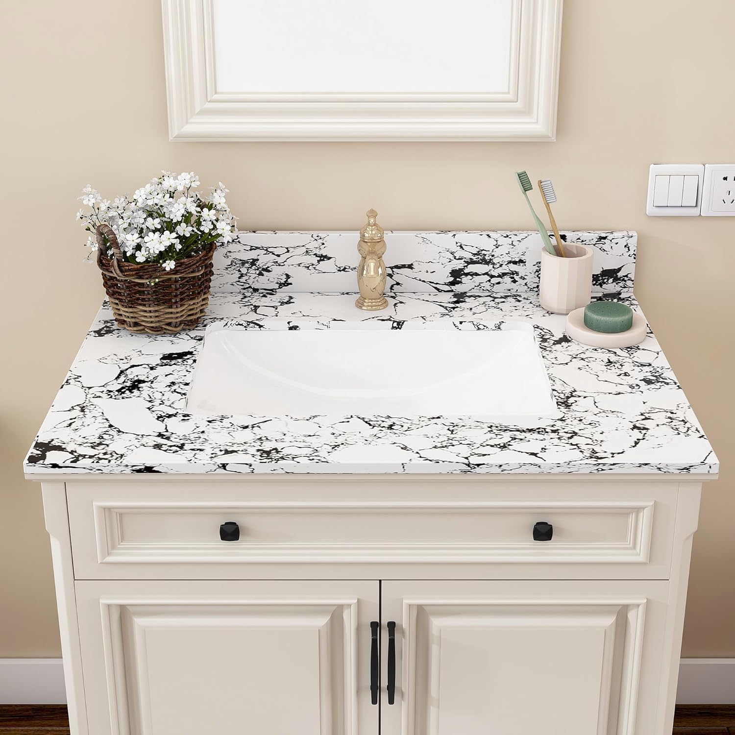 Runboll 31" x 22" Bathroom Vanity Top Artificial Marble Vanity Sink Top Single Holes with Rectangle Under-Mount Middle Ceramic Sink and 1 Backsplash