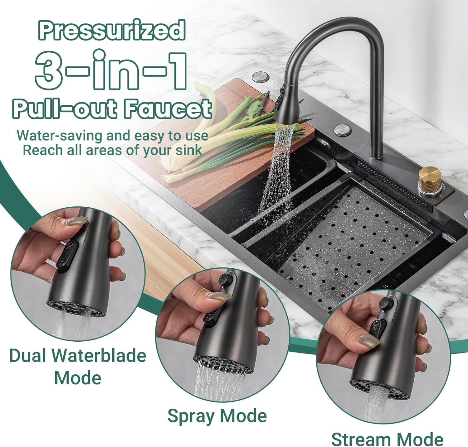 30Inch Kitchen Sink with Faucet Combo Waterfall Black Stainless Steel Waterfall Sink Kitchen Countertop Multi-Functional Sinks Farmhouse Undermount or Countertop Drop in