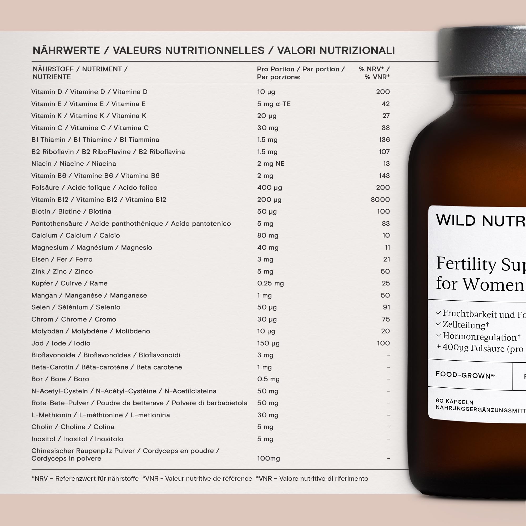 Wild Nutrition Food-Grown® Pränatales Ergänzungspräparat für Frauen | Für gesunde Ovulation und mentales Wohlbefinden| Folat-Ergänzung mit Magnesium, Chromium, und Zink | 60 Kapseln (Frauen, 60)