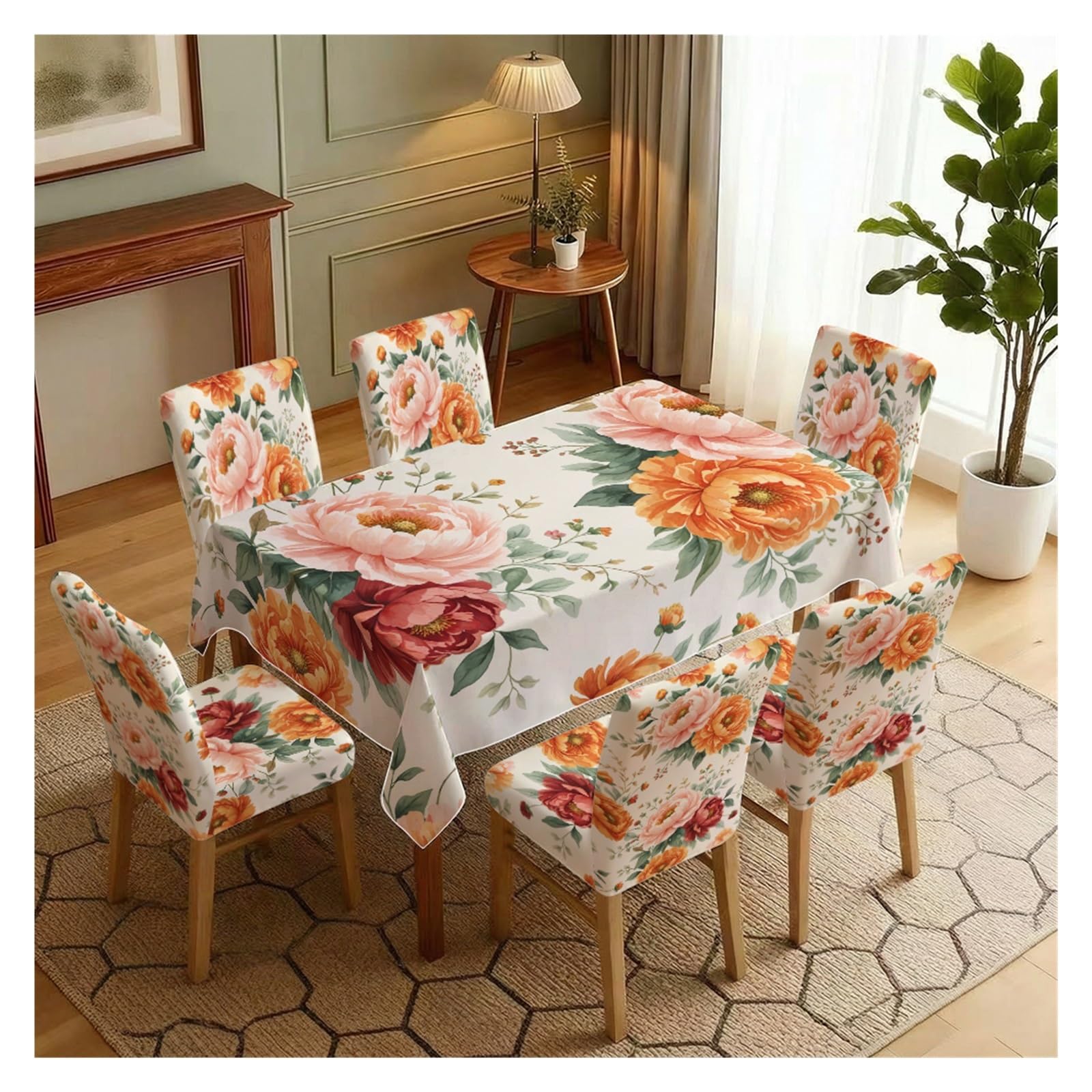 BOSUYBN Stretch Dining Chair Slipcover & Tablecloth Set, Cream Base Orange Pink Peony Floral Print, 5/7 Pack, Warm Vintage Farmhouse Home Decor Table Setting(7pcs Set: Tablecloth+Chair Covers)