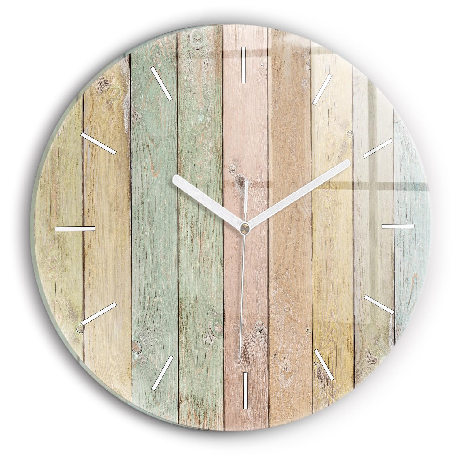 Horloge en verre 30 cm Wallfluent moderne et silencieuse aux planches colorées