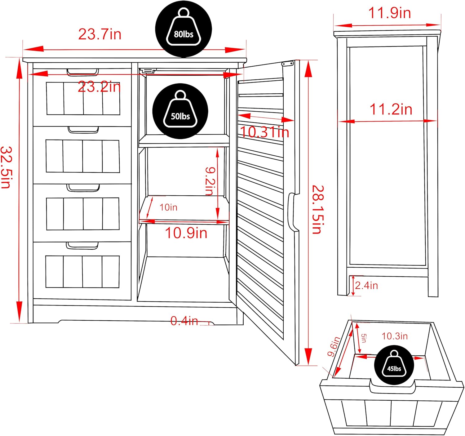 VEIKOUS Bamboo Floor Cabinet with door open, showing interior shelves and drawers
