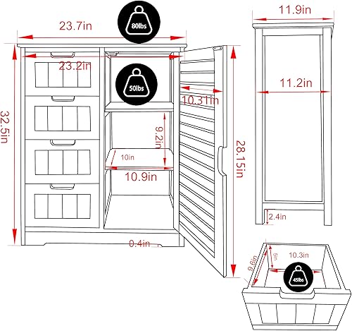 Miniatura 3 de VEIKOU Bathroom Floor Storage Cabinet with 4 Drawers, Freestanding Bamboo Cabinet with 2 Removable Shelves, 24" W x 12" D x 33" H, Living Room