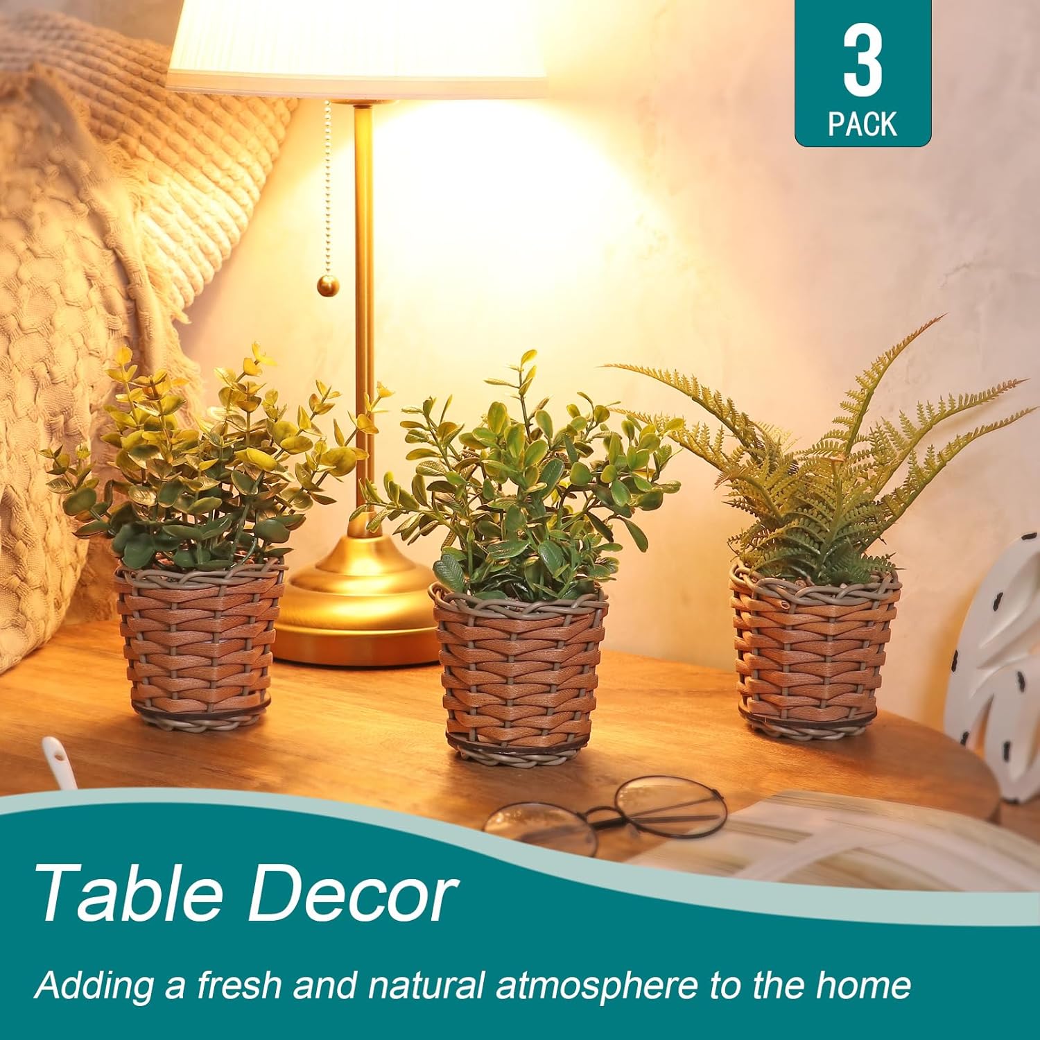 Small Fake Plants, 3 Pack Mini Potted Artificial Fern, Eucalyptus, Aglaia Odorata Plant in Rattan Pots, for Farmhouse, Home Decor, Office, Bathroom, Desk, Indoor & Outdoor - Image 6