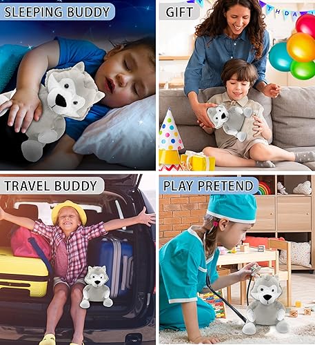 Miniatura 4 de DolliBu - Peluche de lobo de peluche – Lobo gris sentado de piel suave, adorable juguete de peluche de lobo para jugar, lindos regalos de vida