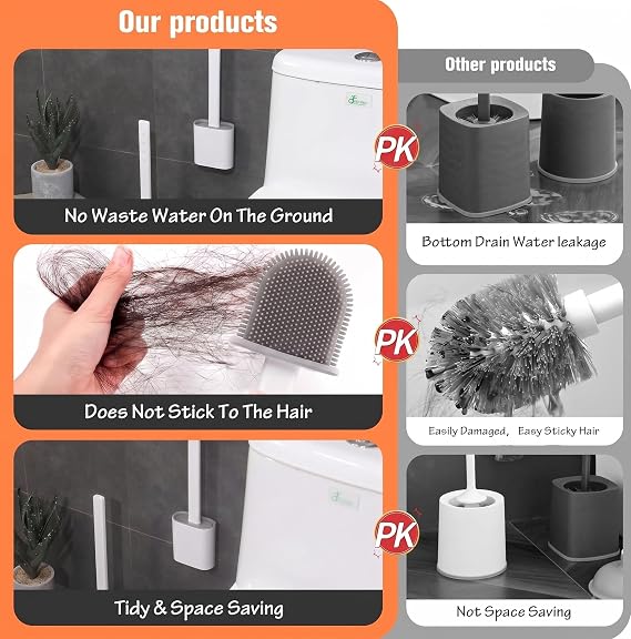 Rainberg 2 Pack, Silicone Toilet Brush and Holder Set, with Non-Slip Long Handle, Soft Flexible Bristles, Anti-Drip Base, Wall Mounted Toilet Brush Bathroom Cleaning, Hygienic Design (Black & Grey)