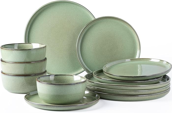 GBHOME Ceramic Dinnerware Sets for 4, 12 Pieces Stoneware Plates and Bowls Sets, Scratch Resistant Dishes, Dishwasher & Microwave Safe-Pastel Green