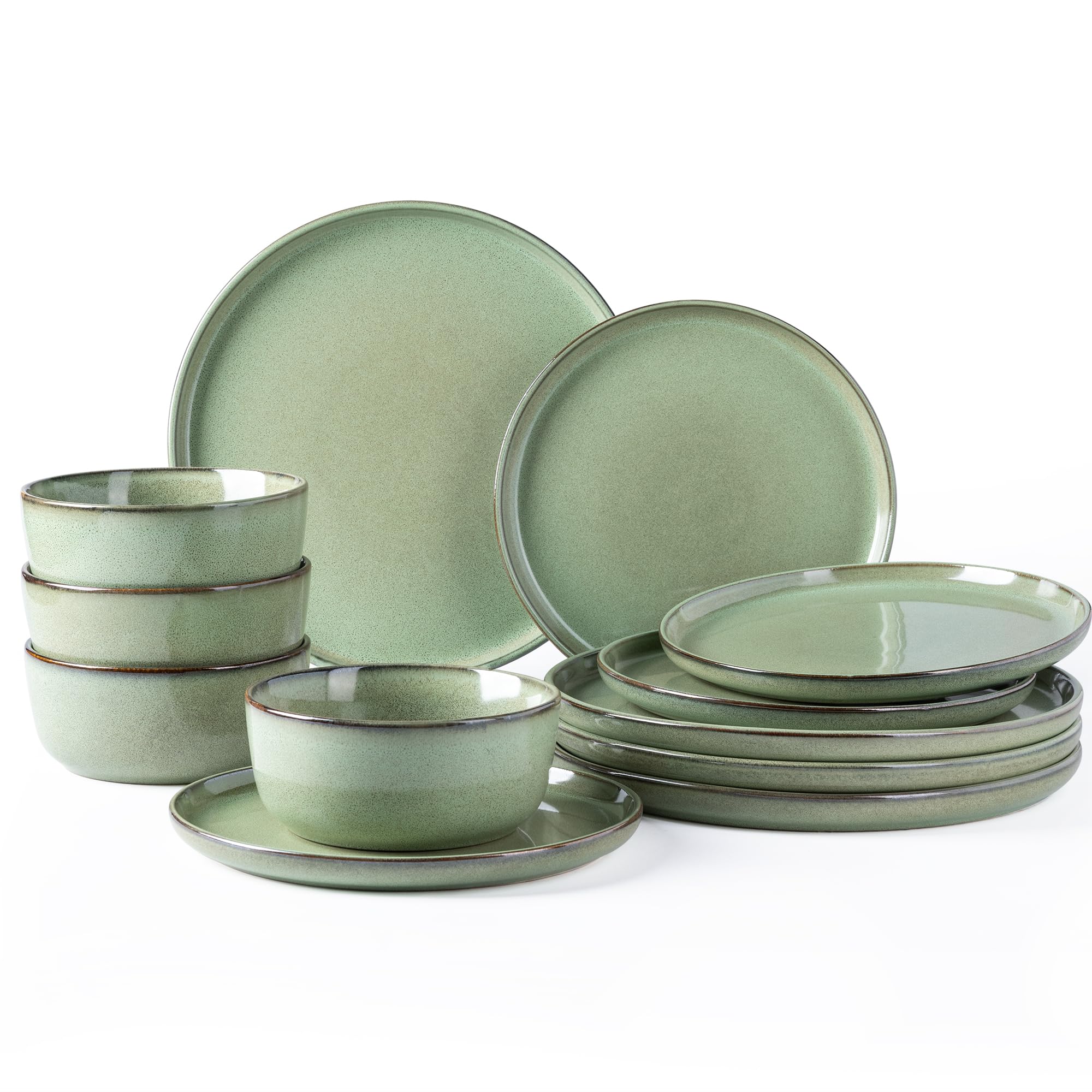 GBHOME Ceramic Dinnerware Sets for 4, 12 Pieces Stoneware Plates and Bowls Sets, Scratch Resistant Dishes, Dishwasher & Microwave Safe-Pastel Green
