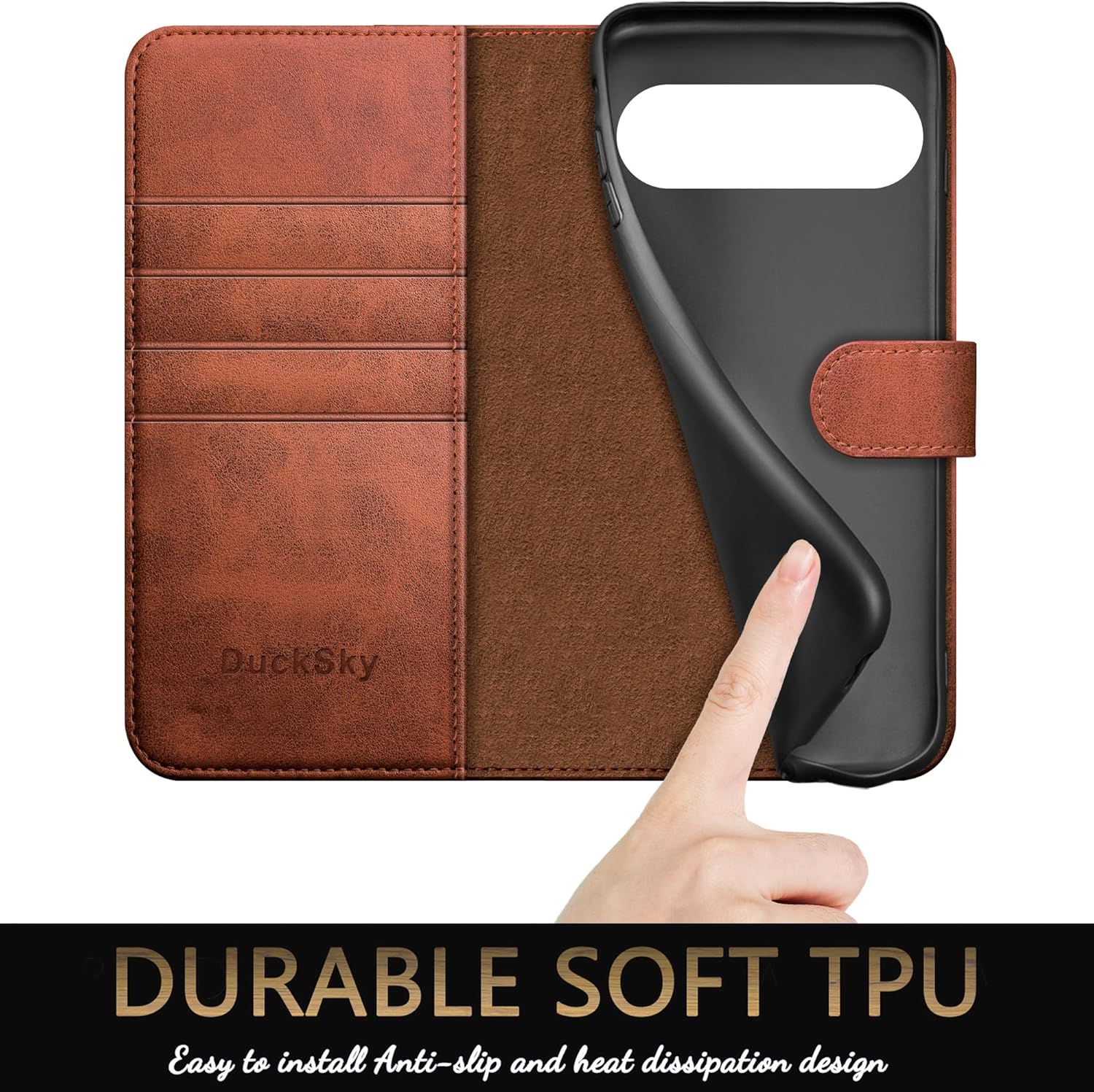 DuckSky for Google Pixel 9 5G/Google Pixel 9 Pro 6.3 Genuine Leather Wallet case【RFID Blocking】【4 Credit Card Holder】【Real Leather】 Flip Folio Book Phone Cover Women Men for Pixel 9 case Light Brown
