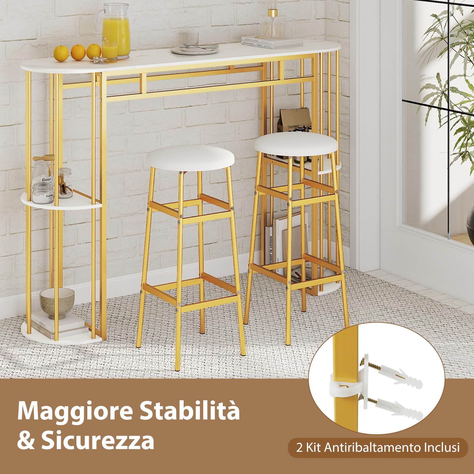 COSTWAY Tavolo da Bar Alto, Tavolino da Cucina Moderno con Piano in Finto Marmo, 4 Ripiani Laterali e Struttura in Metallo, Bancone Cucina da Casa per Soggiorno e Sala da Pranzo (Bianco)