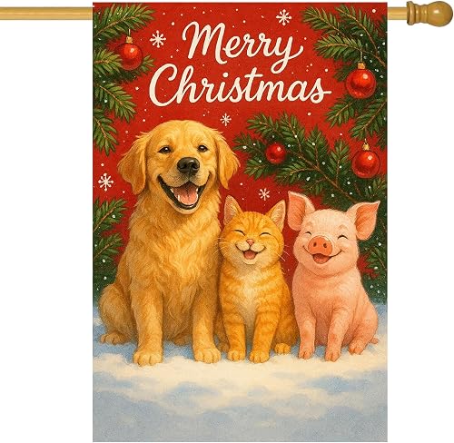 BlissYard Christmas House Flag 28x40 Inch Dog Cat Pig Trio Yard Decor