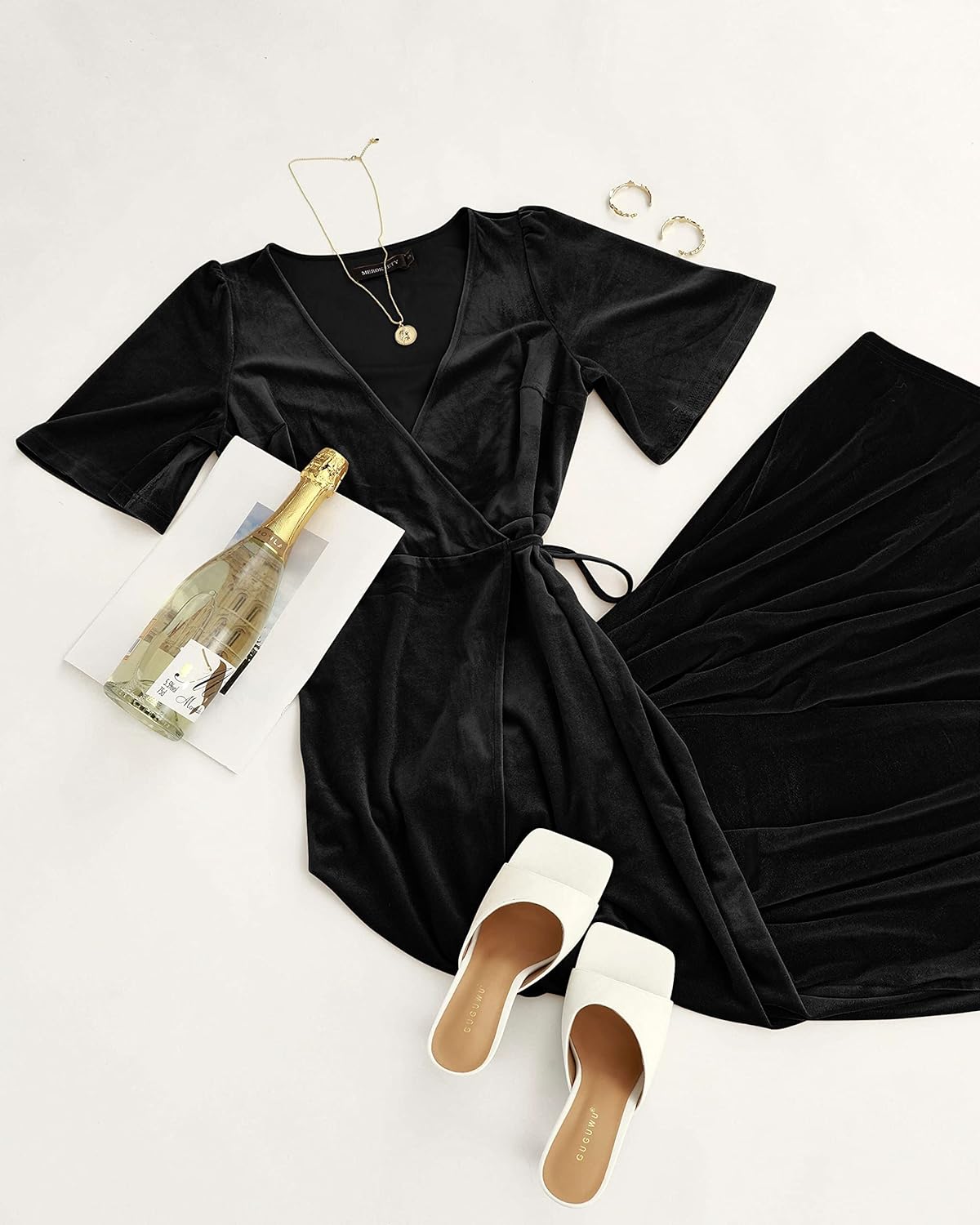 MEROKEETY Women's V Neck Wrap Velvet Maxi Wedding Guest Dress Bell Sleeve Split Bridesmaid Cocktail Party Formal Dresses - Image 7