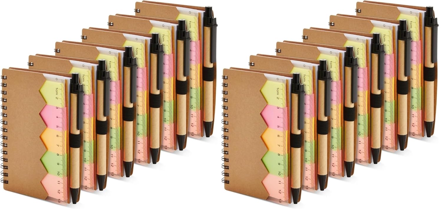 Juvale School Supplies Pocket Notebook & Pen - 4 x 5.5 in, Brown Cover, 12-Pack - Lined Mini Notepad Spiral Journal with Elastic Pen Holder - 65 Tabs & Ruler Sheet
