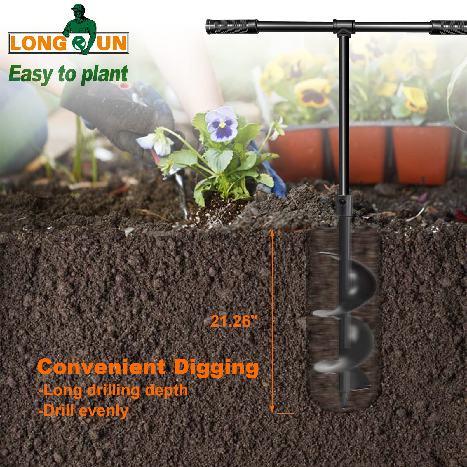 LONGRUN Excavación manual de hoyos en el jardín Broca, Taladro manual Excavadora de postes para plantar -15cm x 96cm