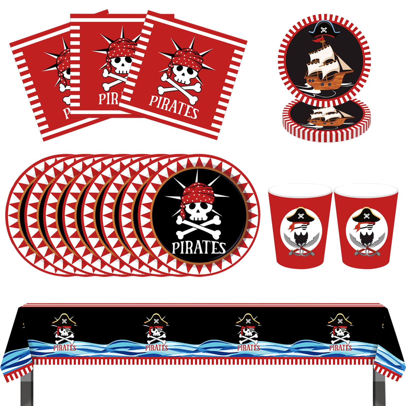 Zestaw naczyń na imprezę piratów, impreza piracka, zestaw dekoracji urodzinowych, zestaw naczyń imprezowych z papieru, serwetki, piraci, zestaw dekoracyjny dla dzieci, na urodziny, imprezę tematyczną, 8 gości