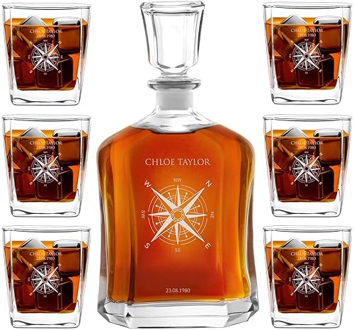 Maverton Jarra de whisky + 6 vasos con grabado, decantador de licores clásicos de 23 onzas líquidas para ella, vasos de 10 onzas líquidas para