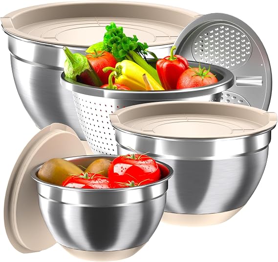 Mixing Bowls with Airtight Lids, Stainless Steel Mixing Bowl Set with 3 Metal Nesting Bowls, Colander & Grater, Non-Slip Bottoms, Size 1.5, 2.5, 6 QT, Great for Mixing & Serving, Black