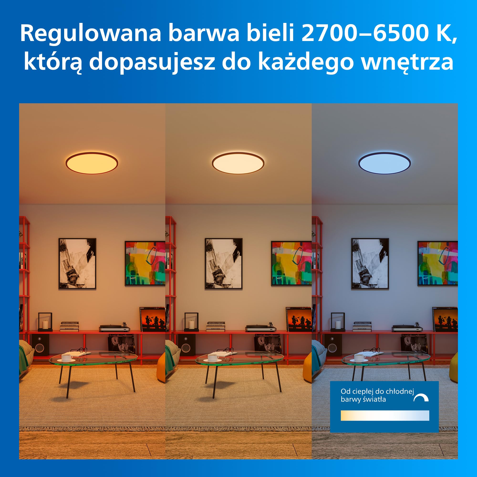 Philips Smart Lighting SuperSlim, Lampa Sufitowa LED, Smukła, Regulowana Barwa Bieli 2700–6500 K, Przyciemnianie, Łatwa Konfiguracja, Connected by WiZ, Alexa, Google Home, Apple Home, Biała, 1 szt.