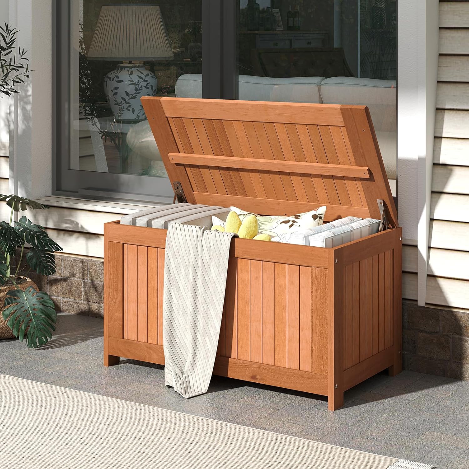 HAPPYGRILL Outdoor Wood Deck Box with Flip Top, Patio Storage Bench for Garden, Poolside, Backyard, 52 Gallon