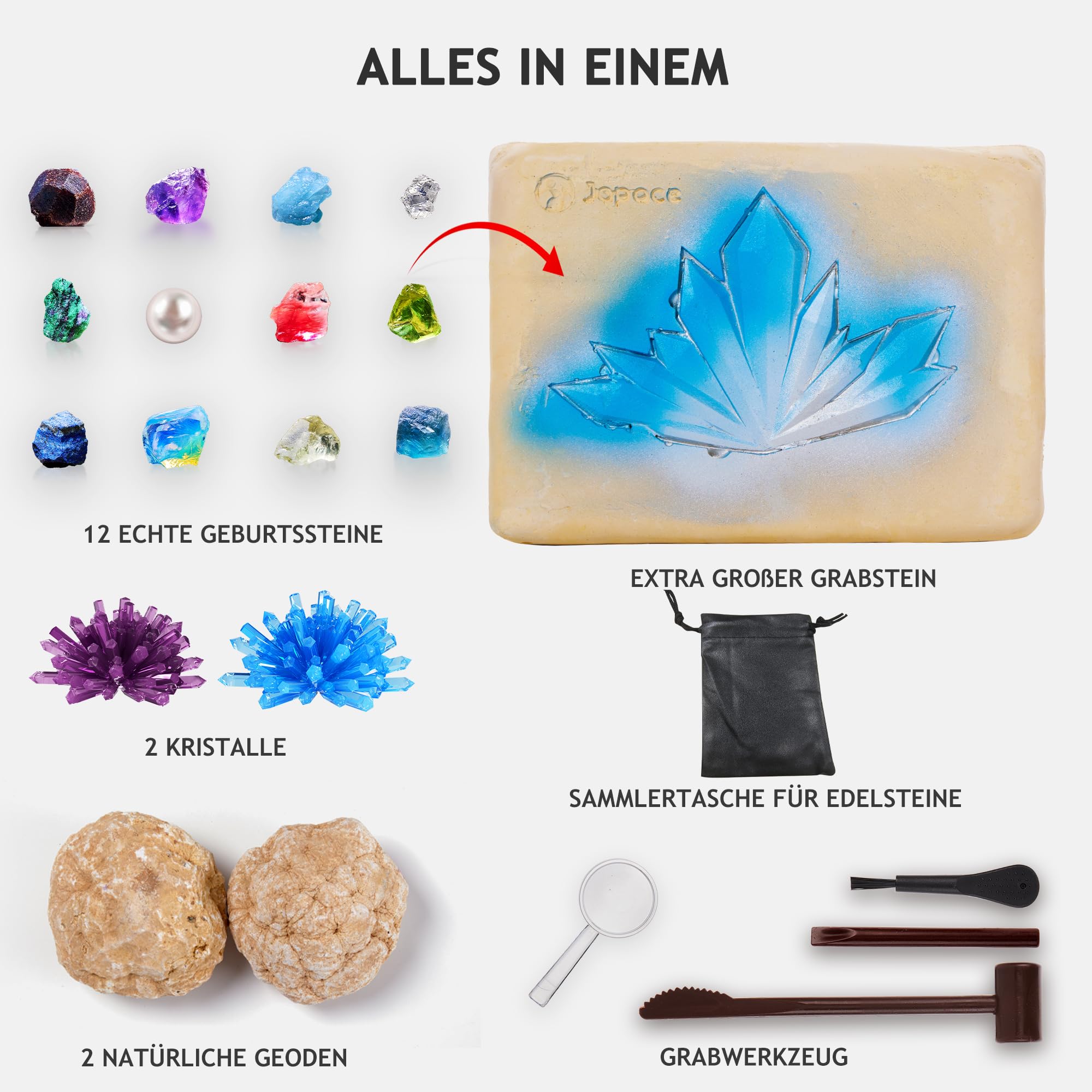 Japace Ausgrabungsset für Kinder, STEM Wissenschaft Spielzeug Edelsteine Ausgraben, Geoden Zum Aufbrechen Set, Kristalle Züchten Kit Geschenke Jungen Mädchen schürfen Hammer