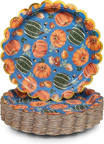Confettiville Platos de papel de Acción de Gracias, 50 platos desechables de Acción de Gracias, festoneados, suministros de fiesta, calabazas, azul disponible en Yaxa Costa Rica