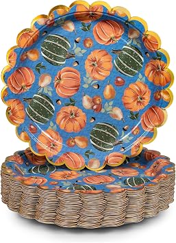 Thanksgiving Paper Plates, 50-Count Disposable Thanksgiving Dinner Plates, Scalloped, Party Supplies, Pumpkins, Blue