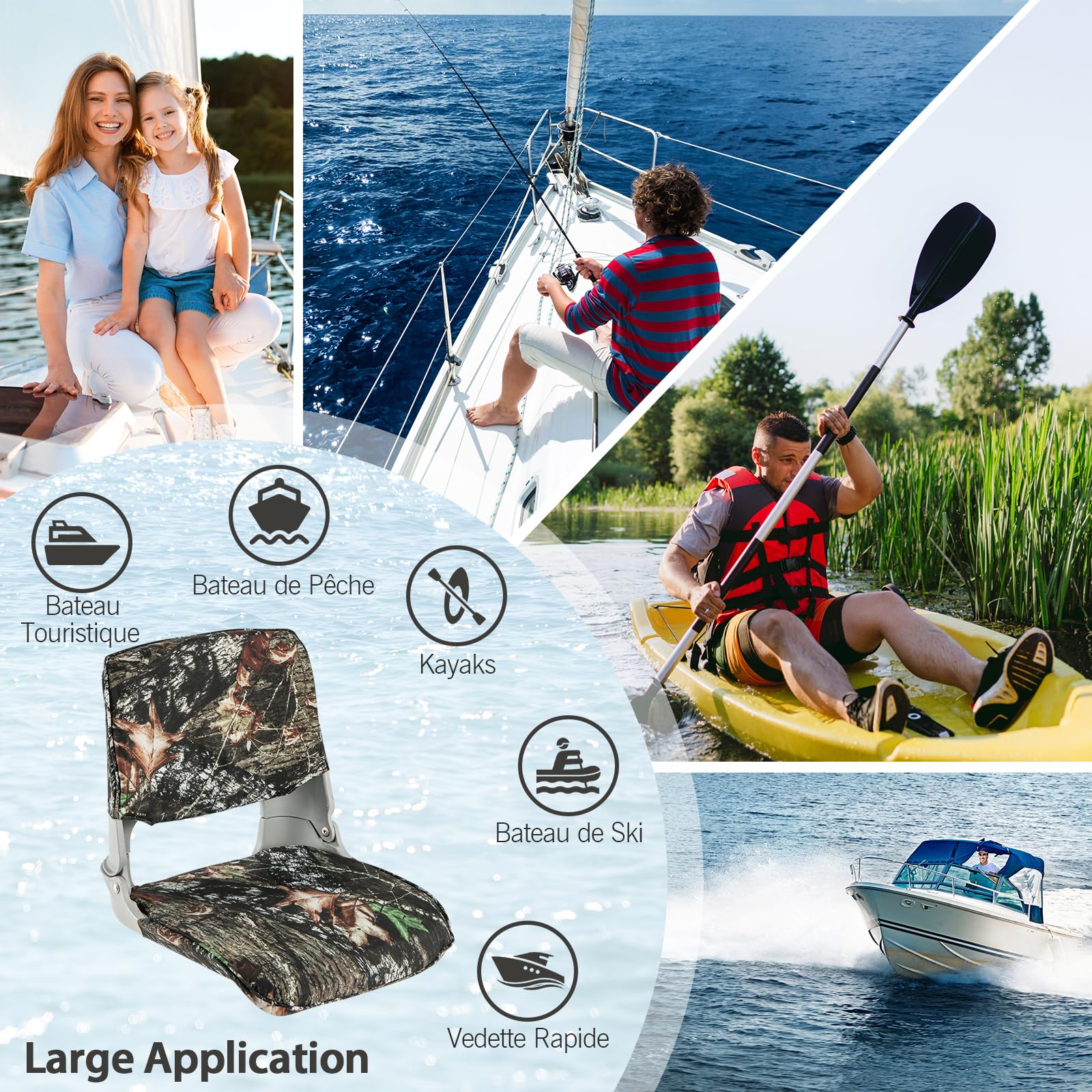 GYMAX Siège de Bateau à Dossier Bas, Siège de Bateau de Pêche Pliable avec Rembourrage en Éponge Doux, Housse en Tissu Oxford, 4 Boulons, Siège de Capitaine Imperméable, Camouflage