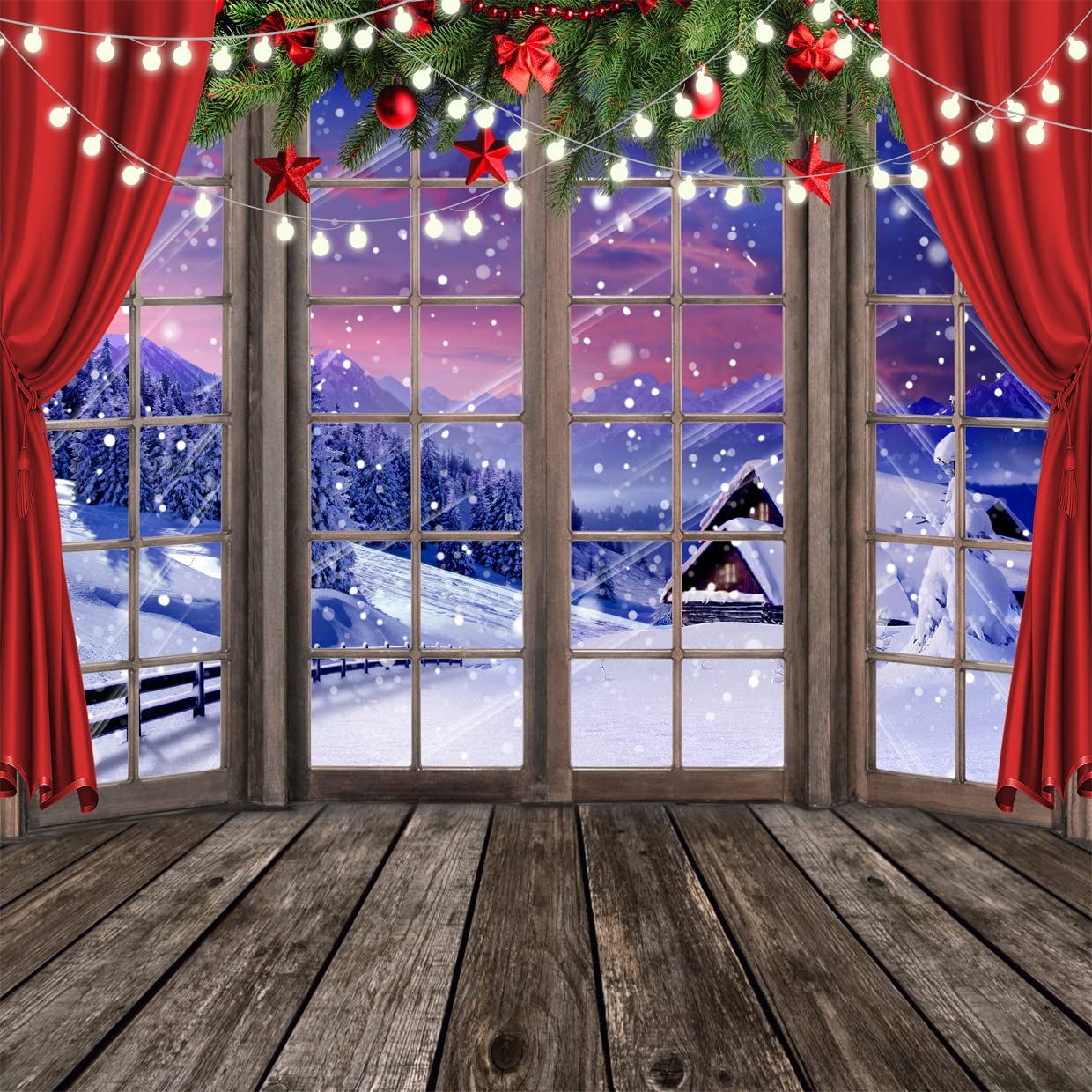 LYCGS 8X8FT Christmas Backdrop Xmas Window Photography Backdrop Winter Dream Wonderland Snow Tree Red Curtain Christma Photo Backdrop Studio Props