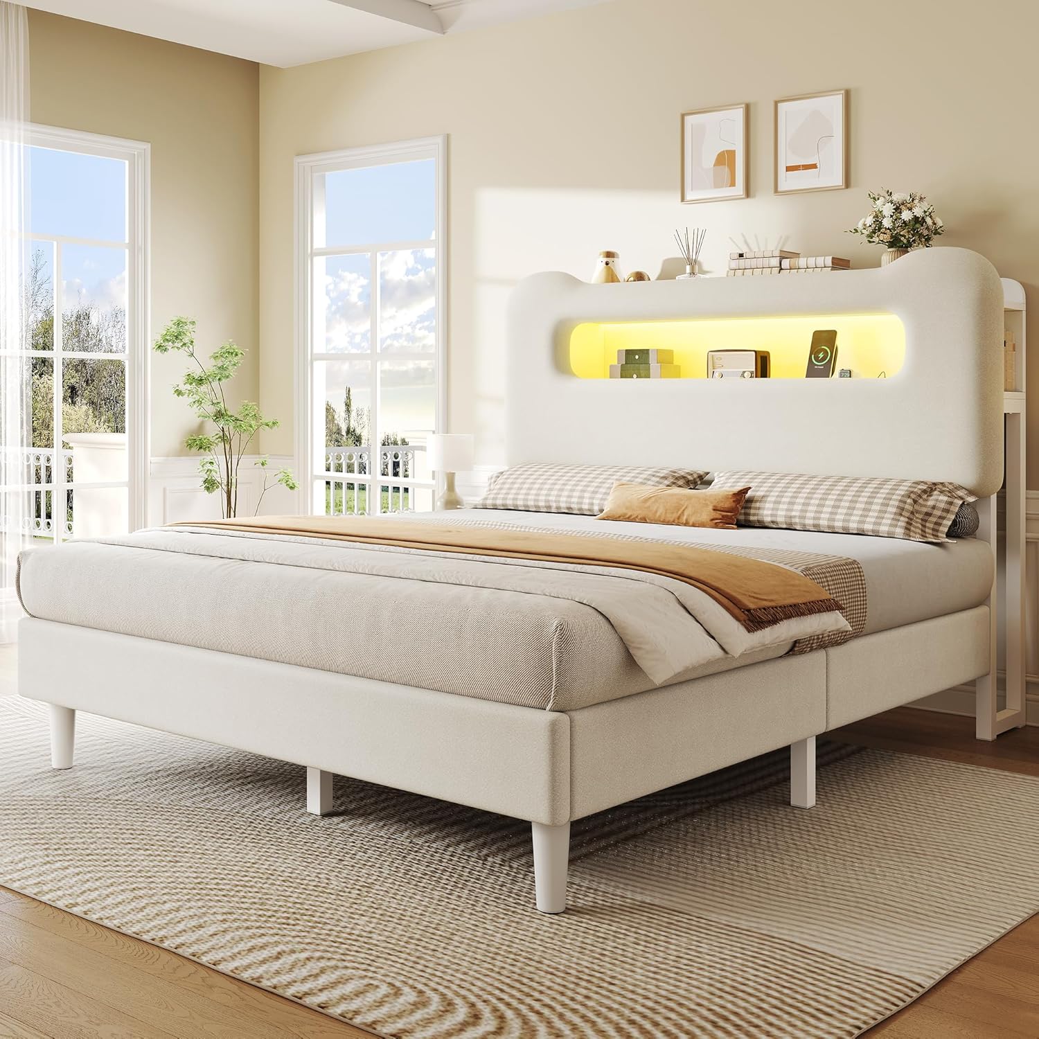 YITAHOME Full Size Bed Frame, LED Bed Frame with Storage Headboard, Boucle Upholstered Bed with Outlet & USB Ports, No Box Spring Needed, Easy Assembly, Cream