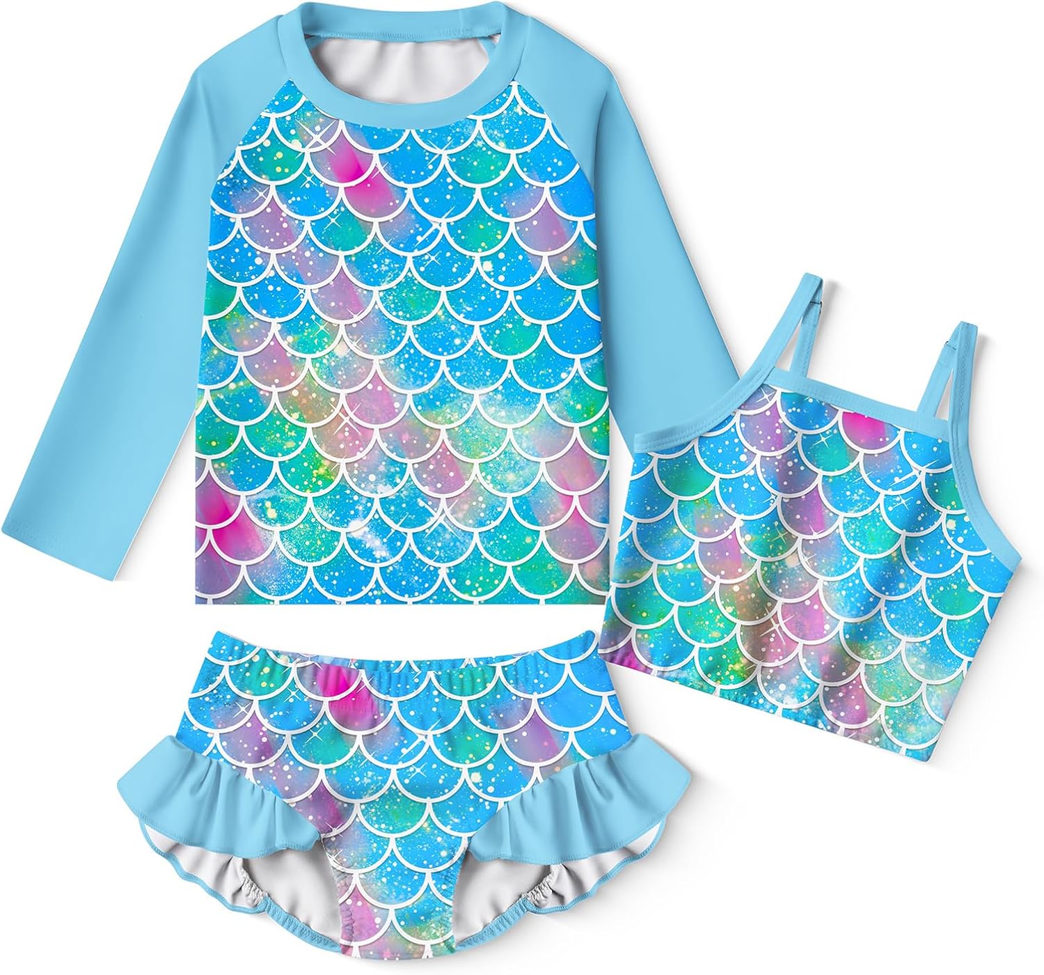 LQSZ Girls Rash Guard Sets Long Sleeves Swimsuit 3 Pieces Tankini Bathing Suit Swimwear for Girls 3-12 Years
