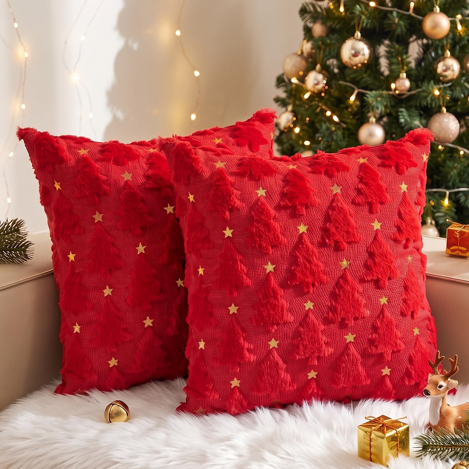 Vijamiy Christmas Cushion Covers 45x45cm Set of 2 Star Christmas Tree Red