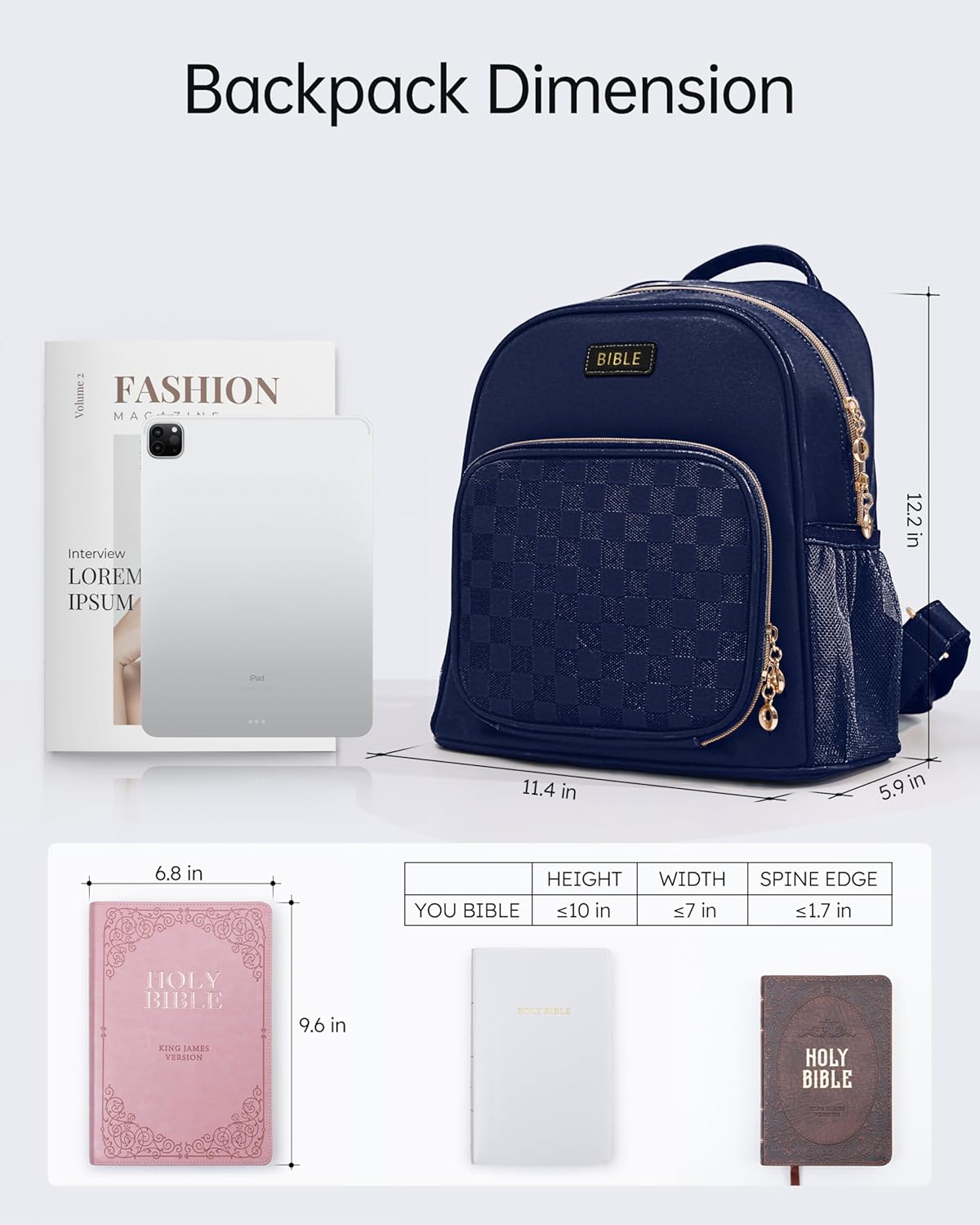 Premium Bible Backpack Set for Women - Stylish Checkered PU Leather Bible Bag with 72 Bible Tabs, 4 Highlighters & 2 Pens - Ideal for Church, Study & Travel