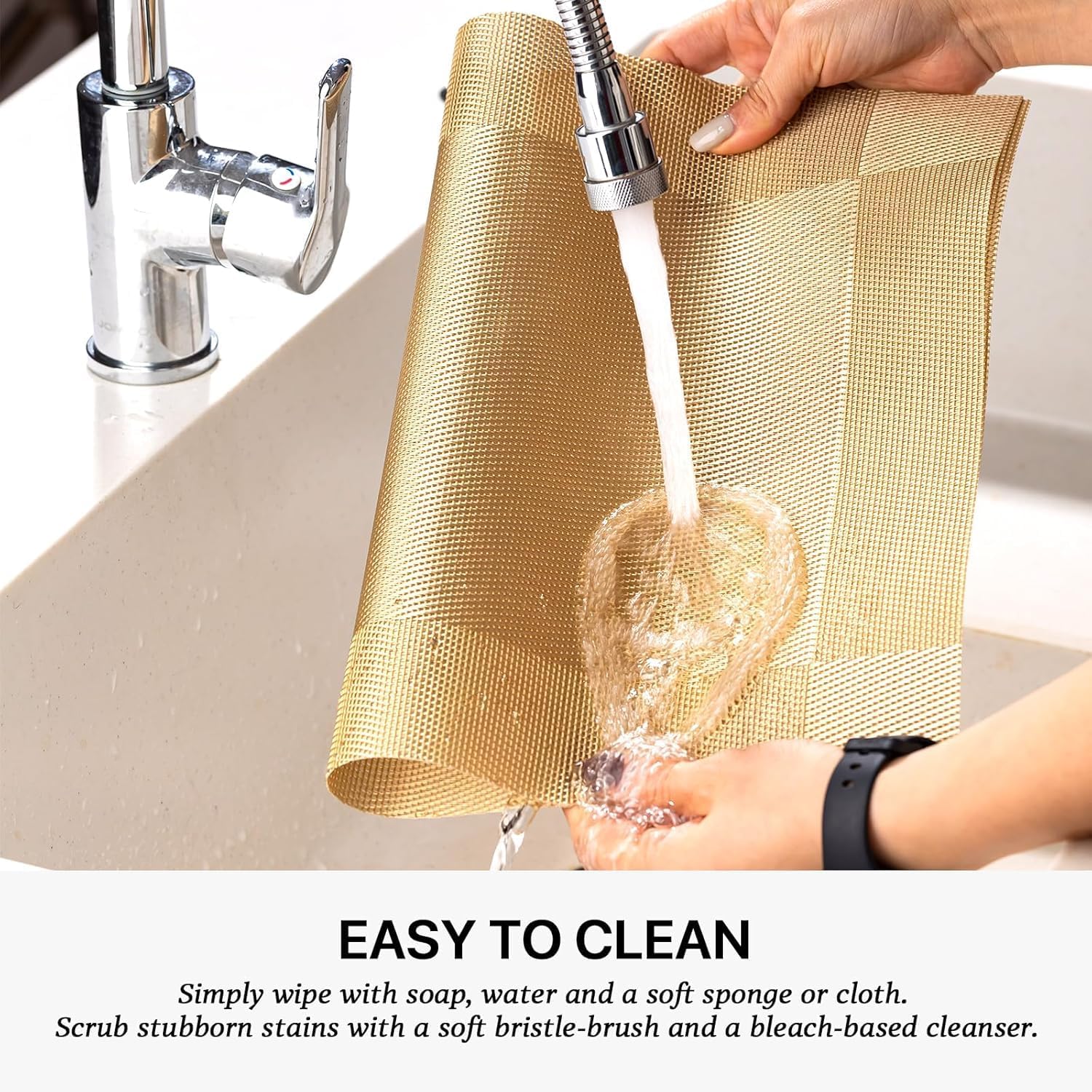 KONSSE Placemats Dining Table Place Mats | Placemats Table Mat PVC Material | Non-Slip Heat Resistant | Dining Tablemates Washable Anti-Skid | Size 45 x 30cm (6 PCS Square Gold) — Amazon image 5