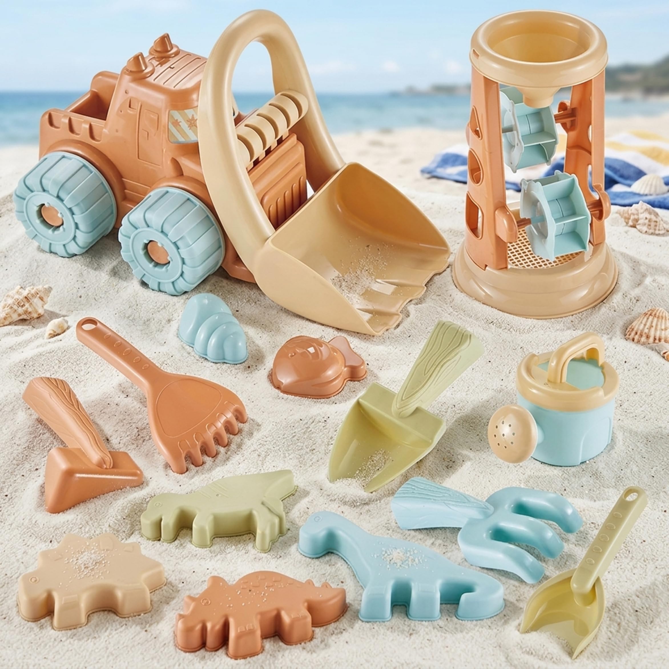 Jouets de boîte à Sable 19 pièces, Ensemble de Jouets Sable, Jouet Plage idéal pour Les Tout-Petits 1 3 avec Chariot, moules en sablier, pelles Couleur Chameau