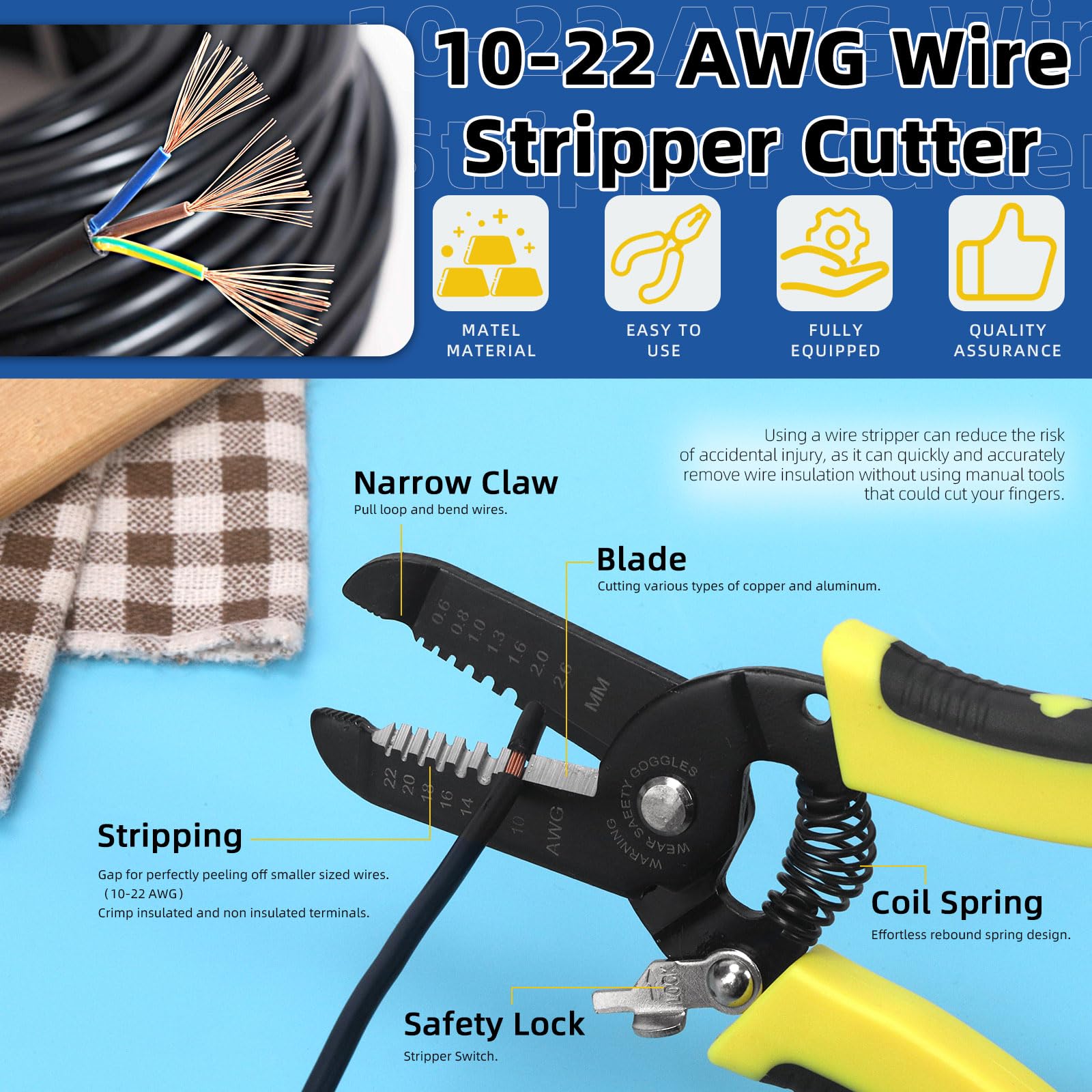 Glarks 2pcs 7in Ratcheting Adjustable Crimping Plier and 6.7in Automatic Wire Stripper Cutter Set AWG 10-22 Ratcheting Wire Terminal Crimper and Eagle Nose Stripping Plier for Cables and Automotive - Image 4
