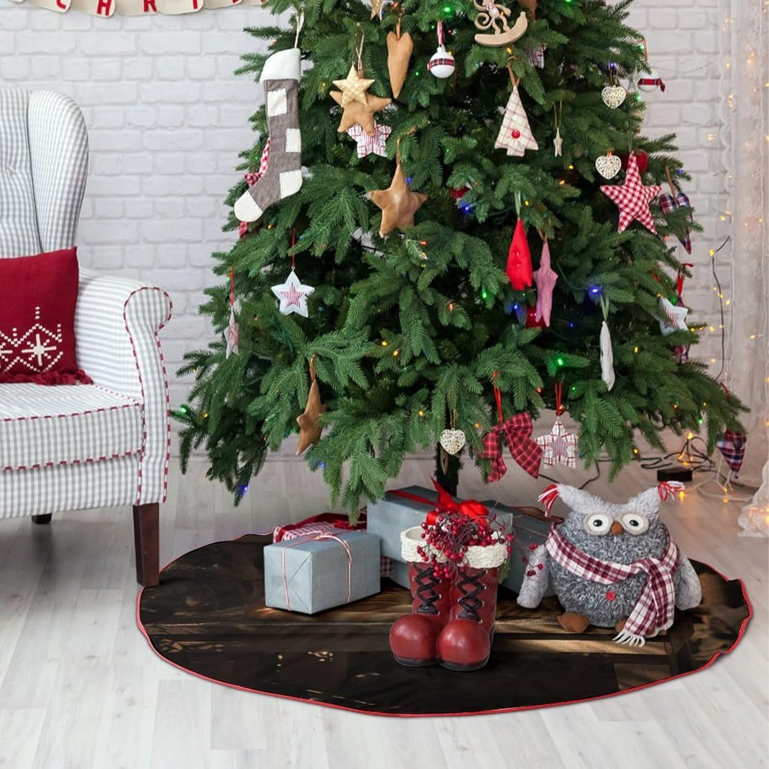 Christmas Tree Skirt,for Xmas Tree Holiday Party Decorations Orange Cat Sleeping Printed Christmas Tree Mat Red Lace-up Christmas Tree Dress