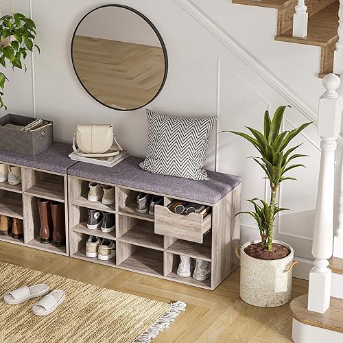 Miniatura 6 de DINZI LVJ Banco de zapatos, banco de almacenamiento de entrada con cajón y 8 cubículos, zapatero con estantes ajustables, armario organizador de