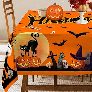 Halloween Tablecloth, Halloween Table Cloth for Rectangle Tables 60 x 84, Halloween Kitchen Decor Moon Cat Washable Polyester Vintage Table Cover for Picnic Party Outdoor Dinner Dining Room