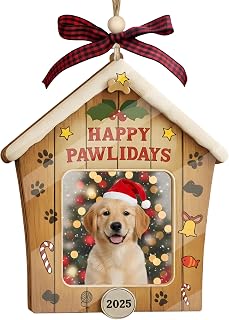 Happy Pawlidays Dog Photo Ornament 2025 – Personalized Christmas Photo Frame Ornament for Dogs Cats, Custom Pets Picture Ornaments for Christmas Tree, Dog House Frame Gifts for Pet Lovers