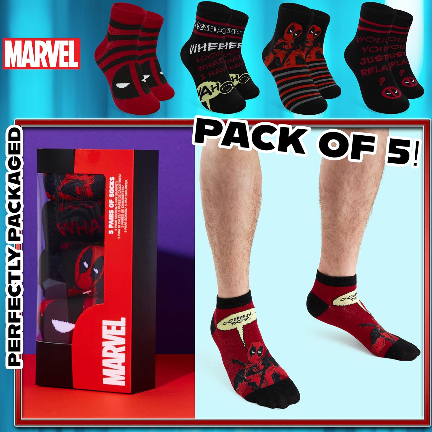 Marvel Mens Ankle Socks, Soft and Breathable Socks Pack of 5 - Gifts for Him (Black/Red Deadpool), 7-11