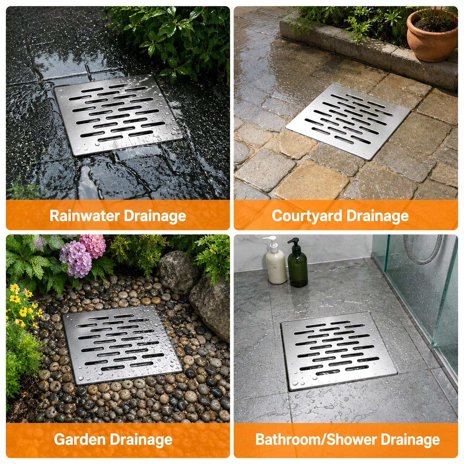 Desagüe de suelo de acero inoxidable con marco, rejilla de drenaje cuadrada, cubierta de desagüe antideslizante, rejilla de drenaje, cubierta de desagüe para exteriores, baño, jardín, terraza