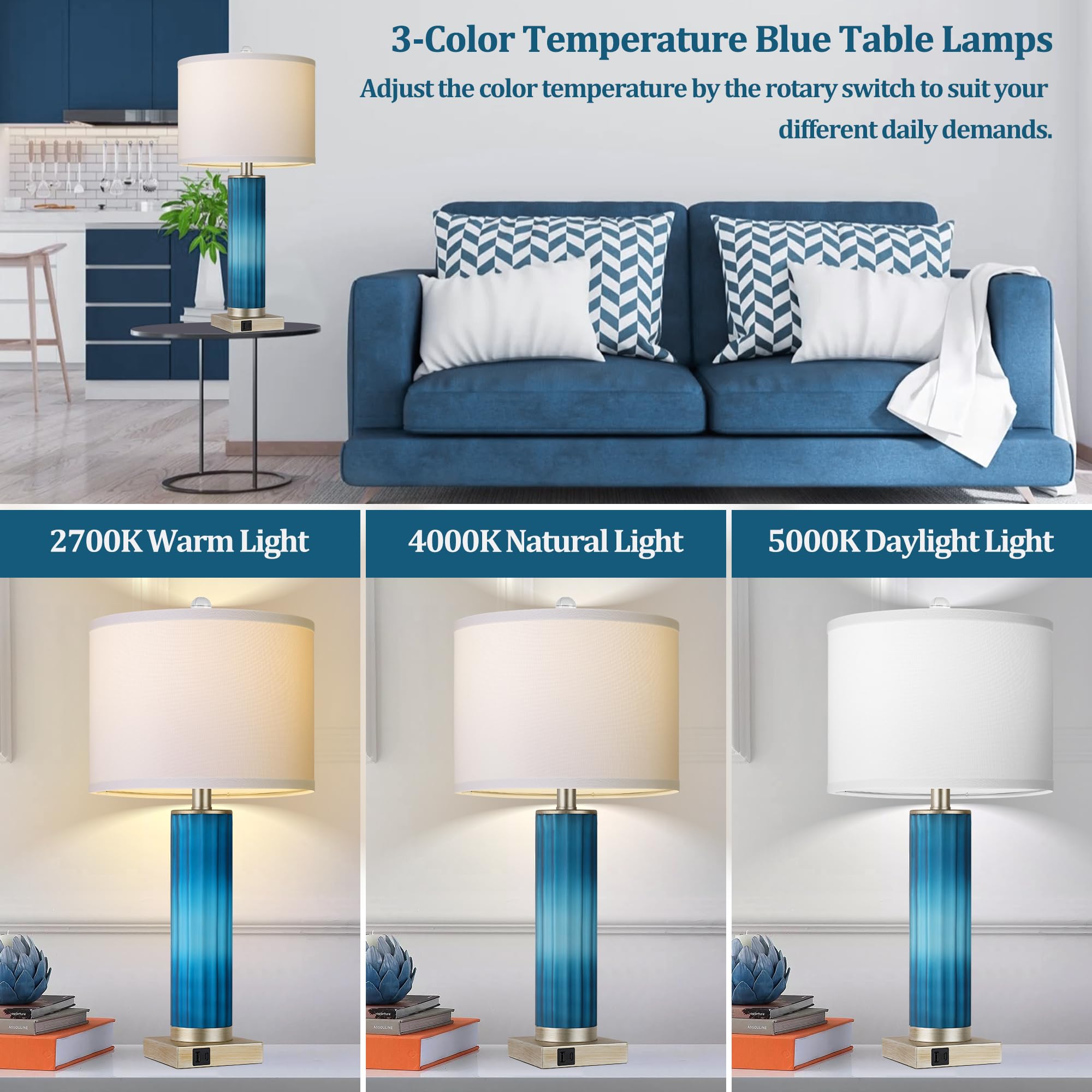 Set of 2 Table Lamps for Living Room, Blue Glass Bedroom Lamp for Bedside with USB C+A Charging Ports, Modern Art Deco Nightstand Lamp for End Table Home Decor (LED Bulb Included)