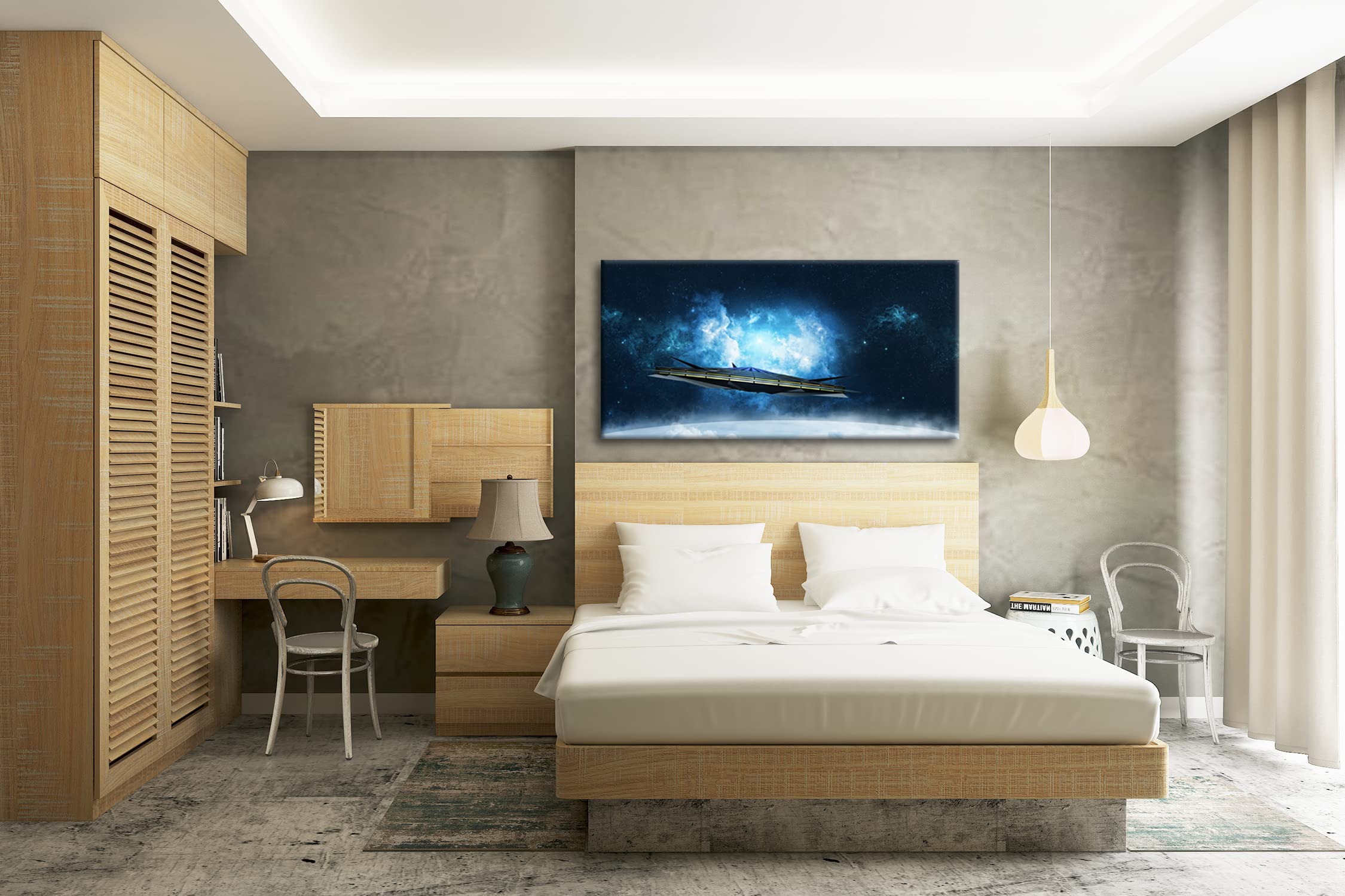 Impressionnant vaisseau spatial dans l'univers panoramique 80 x 40 cm Impression numérique de qualité supérieure avec cadre en bois