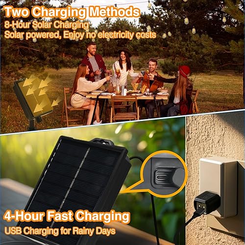 Miniatura 5 de DAYBETTER Tira de luces solares de 60 pies para exteriores, impermeable, con control remoto y puerto USB, regulables y temporizadores, luces solares