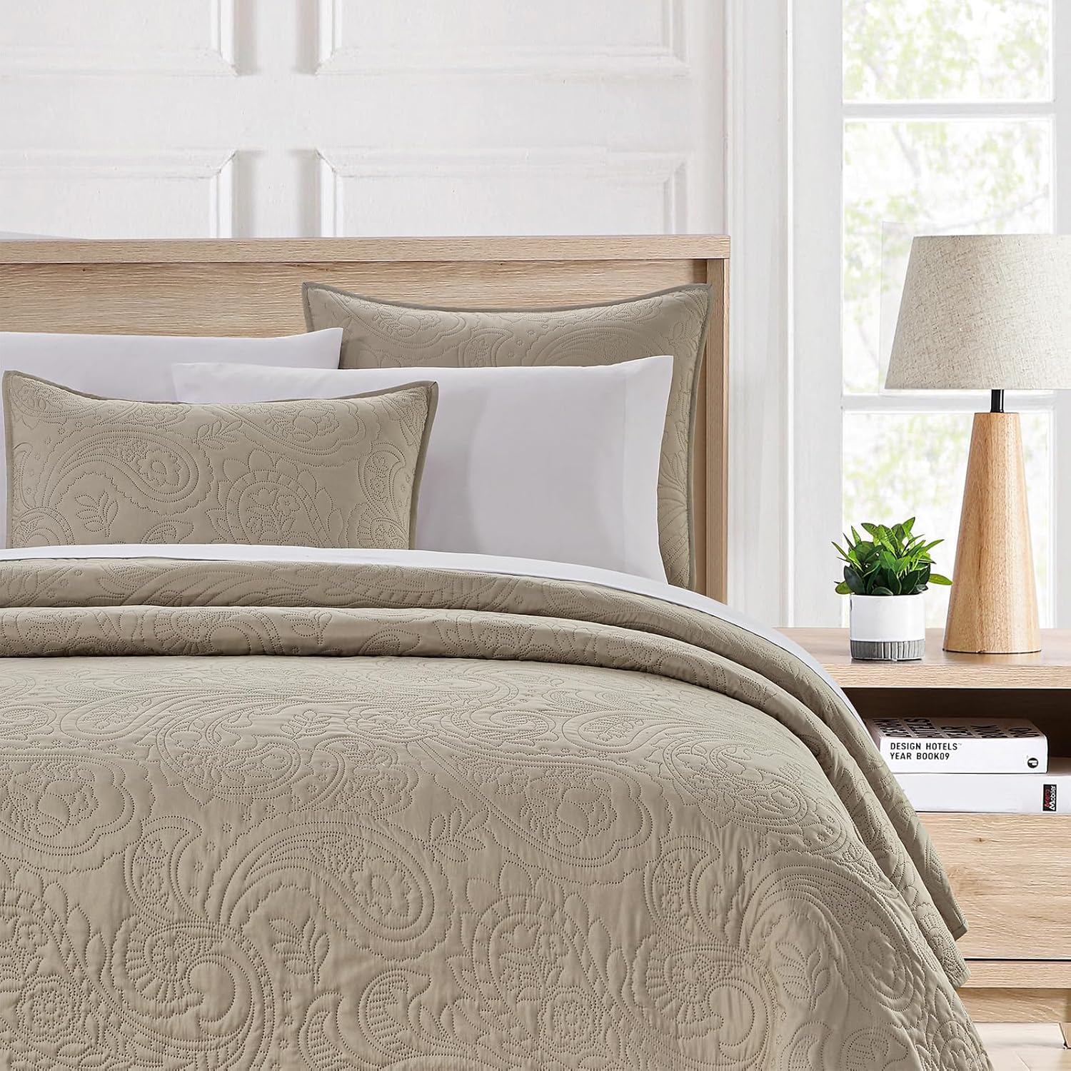 BOURINA Ultrasonic Quilt Set Bedspreads 3-Piece Bedding Set Pre-Washed Microfiber Ultra Soft Lightweight Flower Coverlet Set for All Season, Queen Beige - Image 2