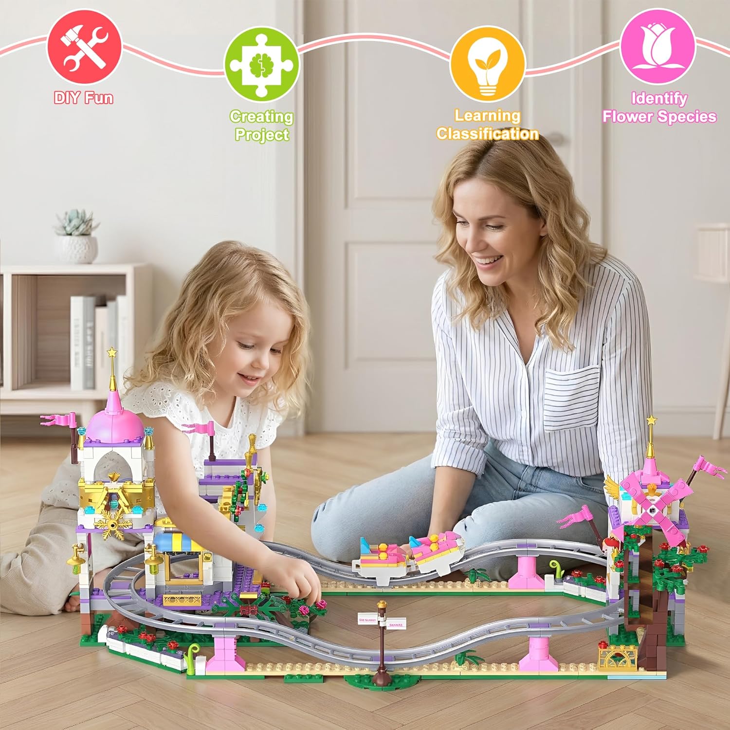 2 in 1 Castle Roller Coaster Building Set, 749 Pcs STEM Amusement Park Construction Kit for Kids, Pink Playground Blocks Birthday Gift Toys for Girls Ages 6 8-12