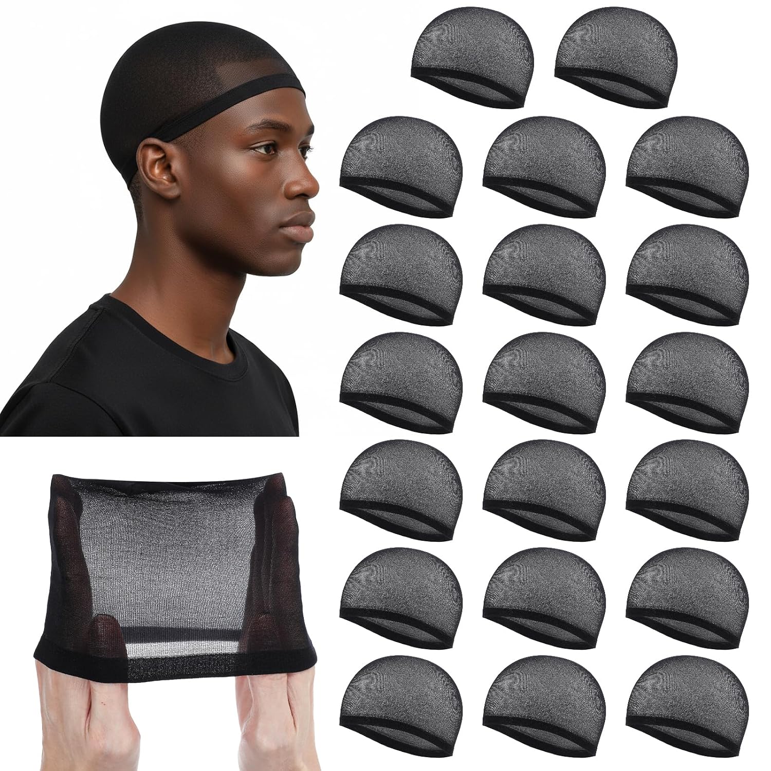 20Pcs Black Men Wave Cap, Stocking Wave Cap for Locs Nylon Hairnet for Men