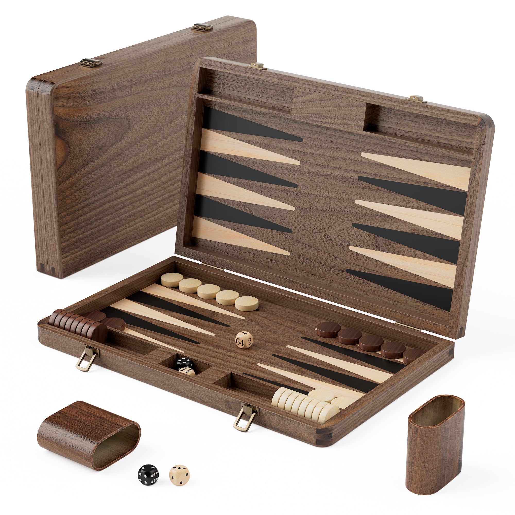 Premium Black Walnut Backgammon Set - Luxury Travel Game (With Dice & Doubler)