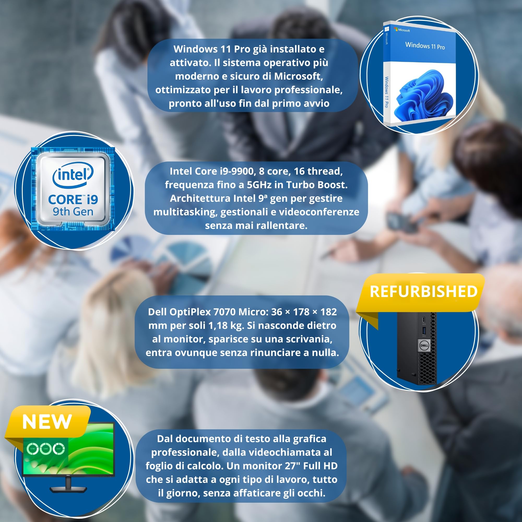Bundle PC Dell OptiPlex 7070 Micro + Monitor Dell 27 Pollici Full HD | Intel Core i9 8 Core 16 Thread fino a 5.0 GHz | 16GB DDR4 | SSD NVMe 512GB | Windows 11 Pro | Garanzia 36 Mesi